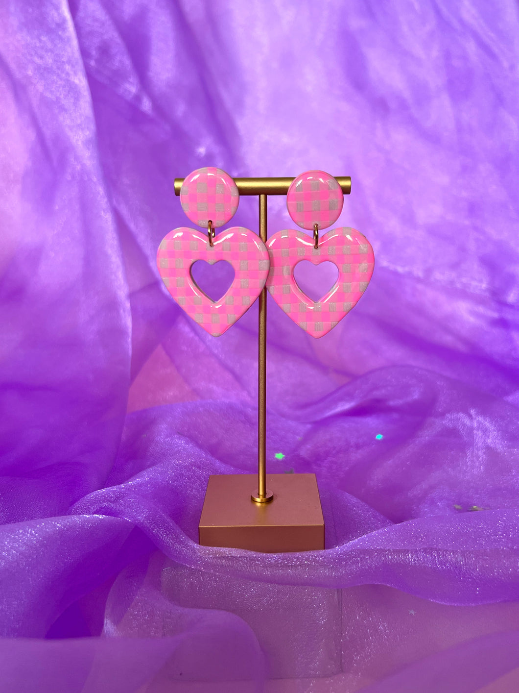 Pink Gingham Mini Heart Hoops