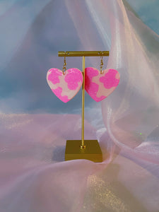 Sparkly Pink Cow Print Heart Dangles