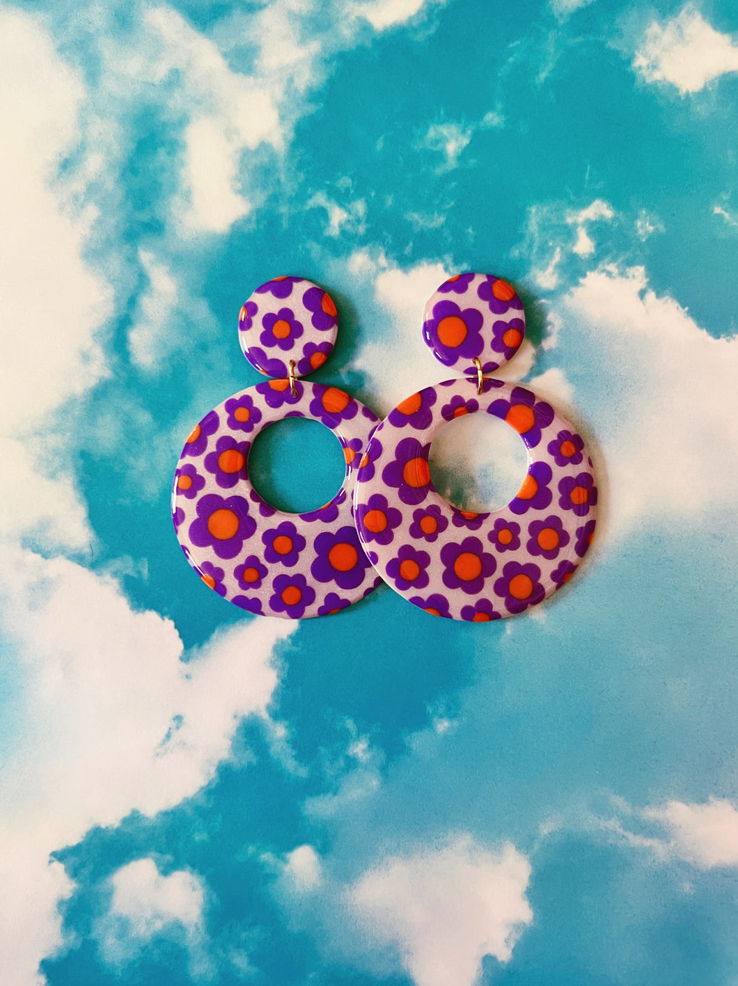XL White, Purple and Orange Floral Mod Hoops