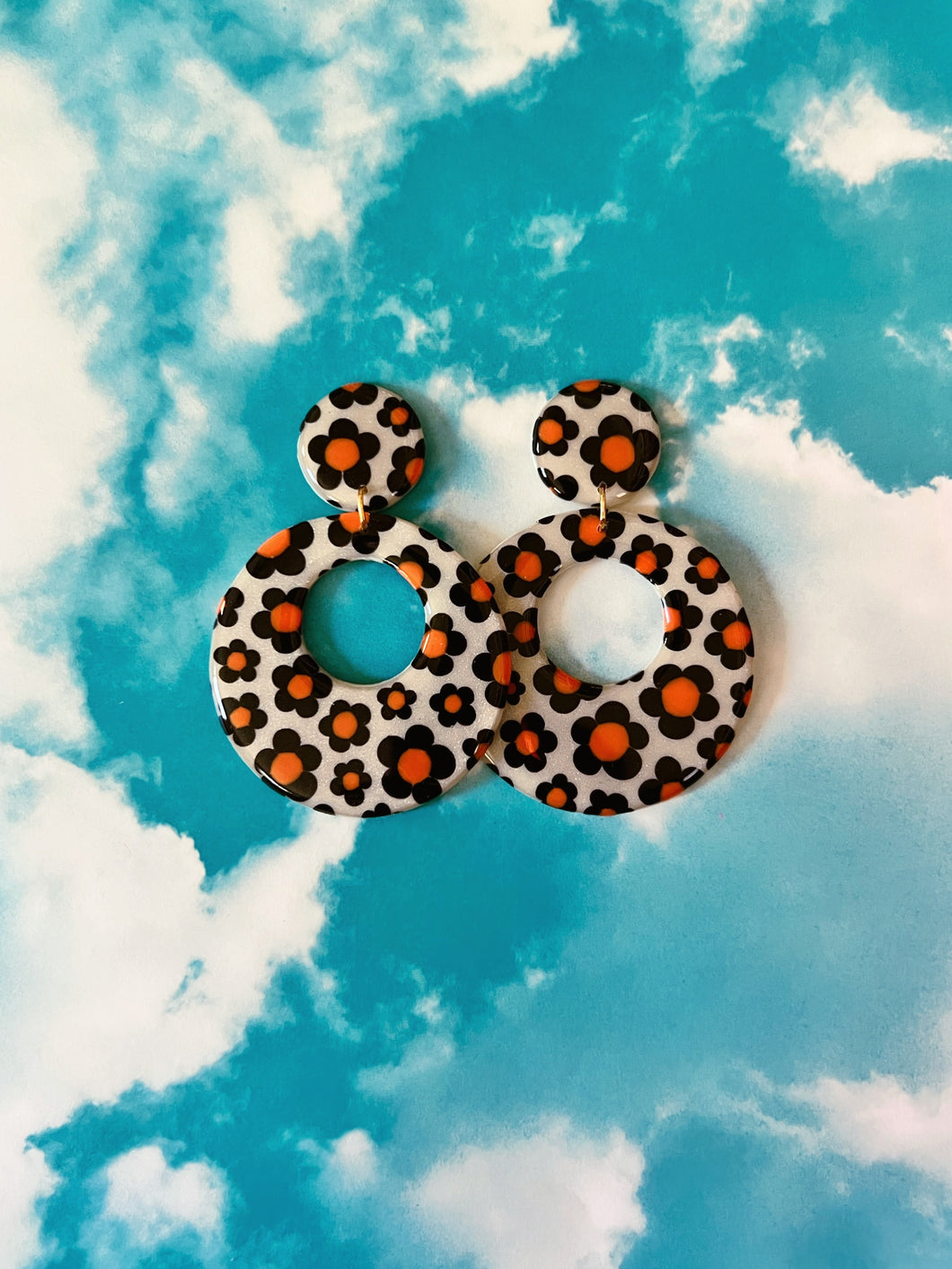 White, Black and Orange Floral Mod Hoops