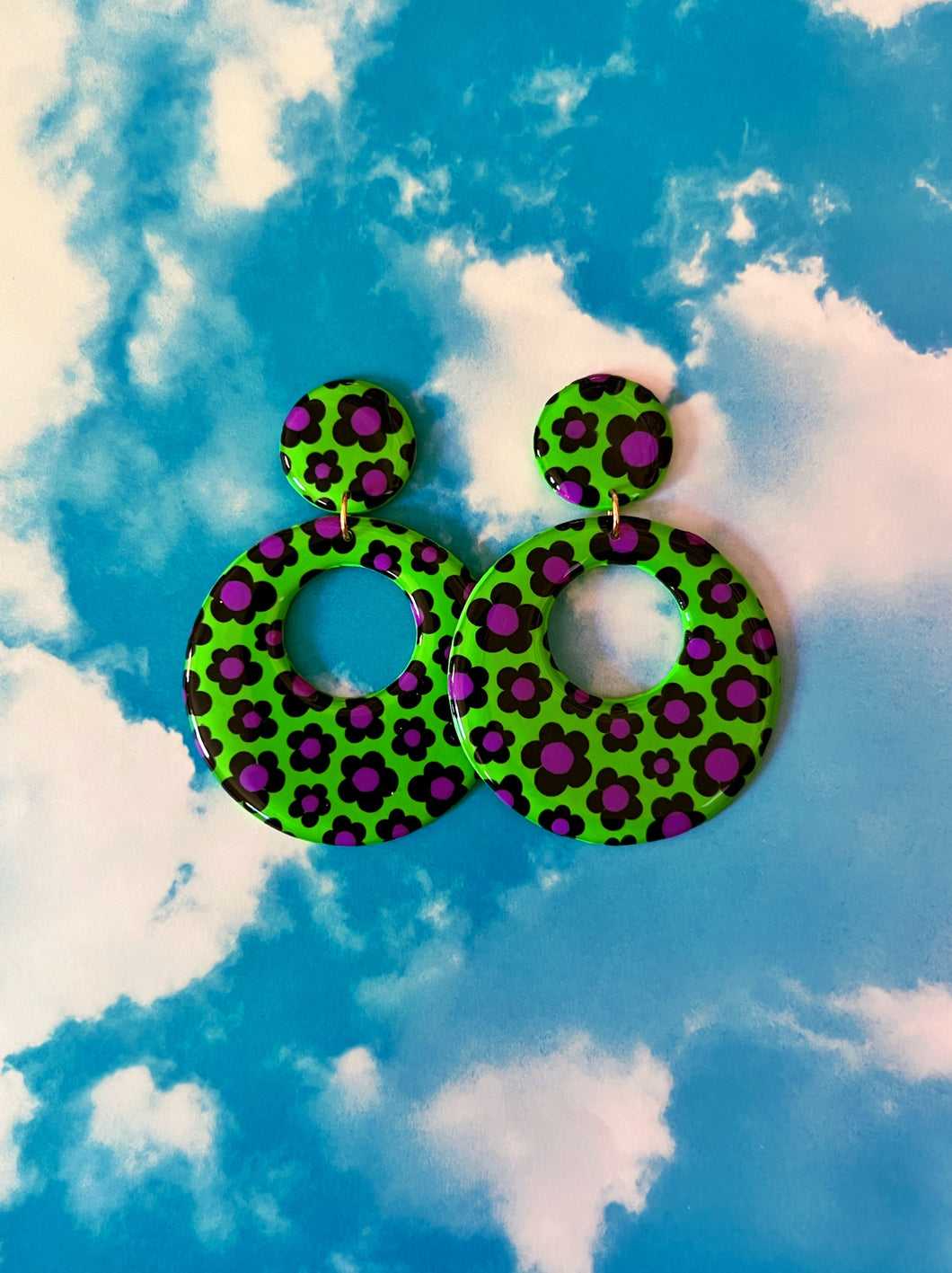 XL Green, Black and Purple Floral Mod Hoops