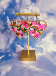 Big Rhinestoned Pink Butterfly Daydream Heart Dangles