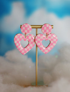 Mini Pink Checkered Heart Hoops