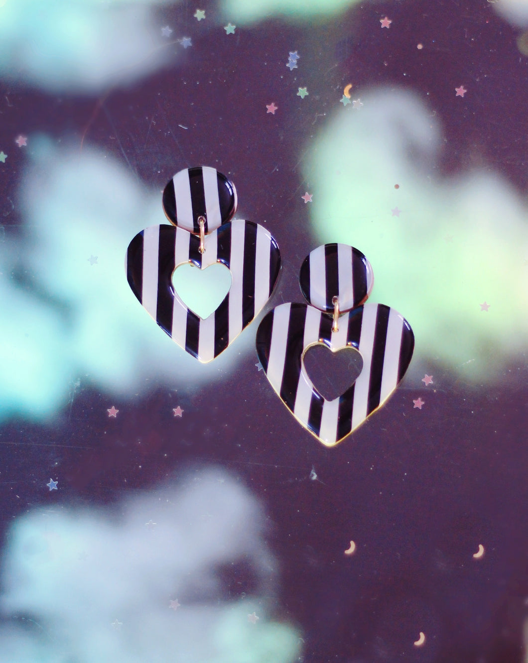 Mini Black and White Striped Heart Hoops